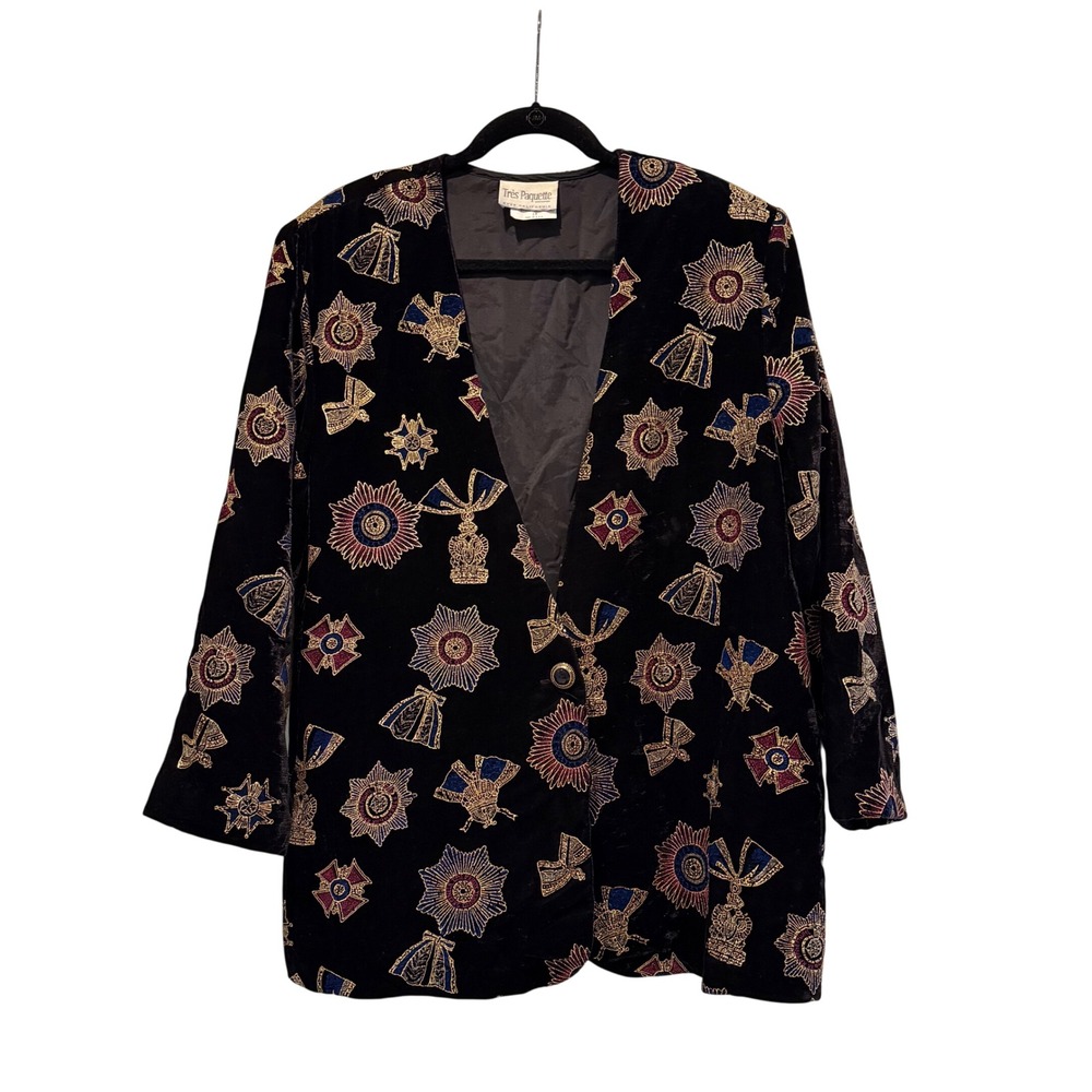 Tres Paquette Womans Black Velvet Jewel Medallion Blazer Jacket 1X Made in USA